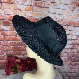Vintage MCM Lacquered Black Raffia Union Made Wide Brimmed Sun Hat